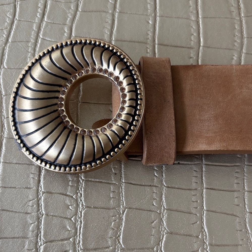 Brown Leather Belt with Gold Circular Buckle